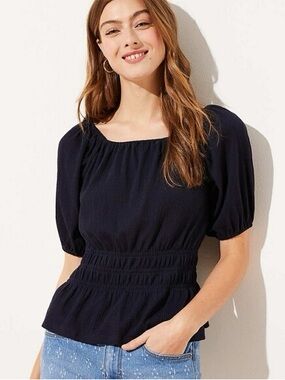 LOFT Navy Smocked-Peplum Puff Sleeve Top